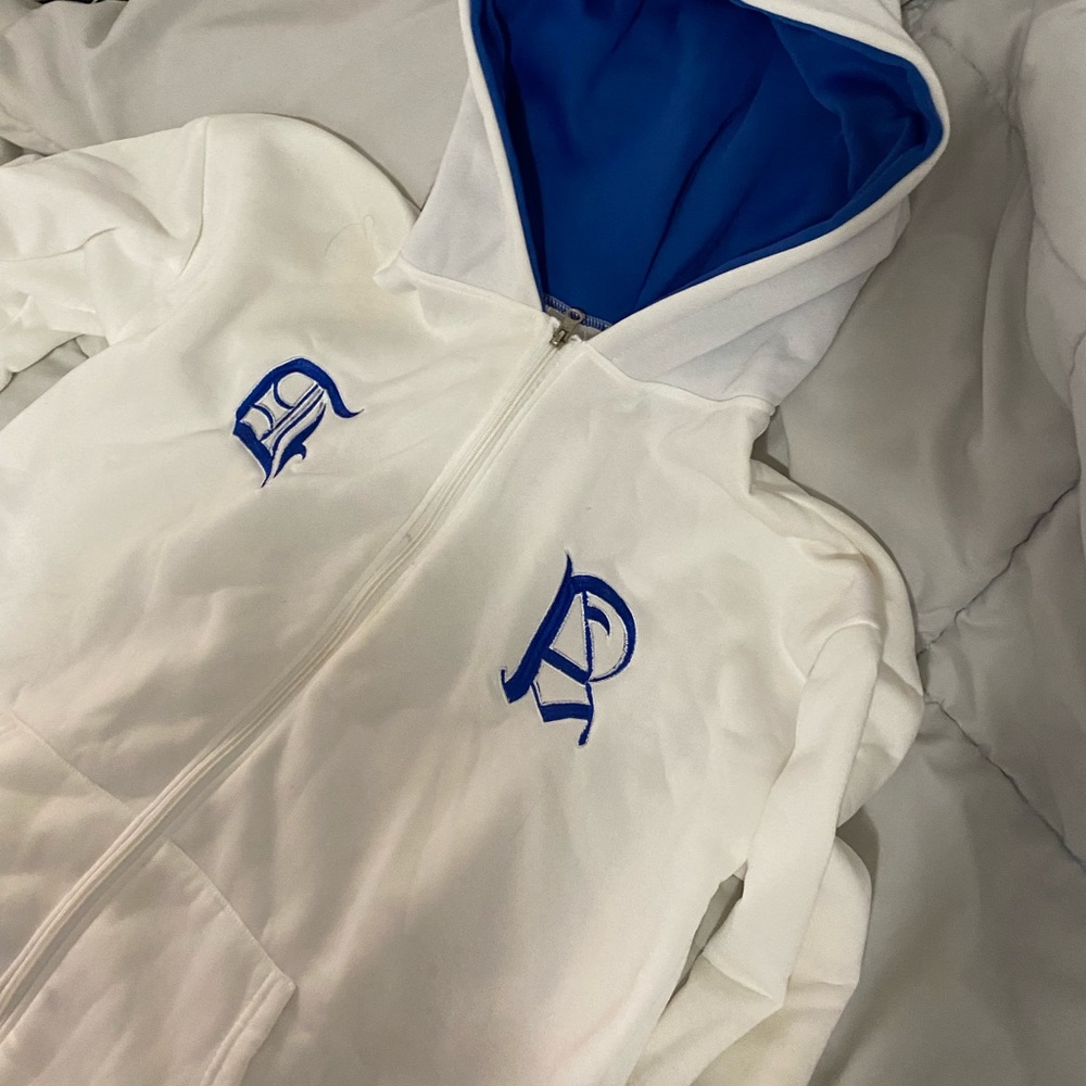 Blue and white oversized zip up hoodie